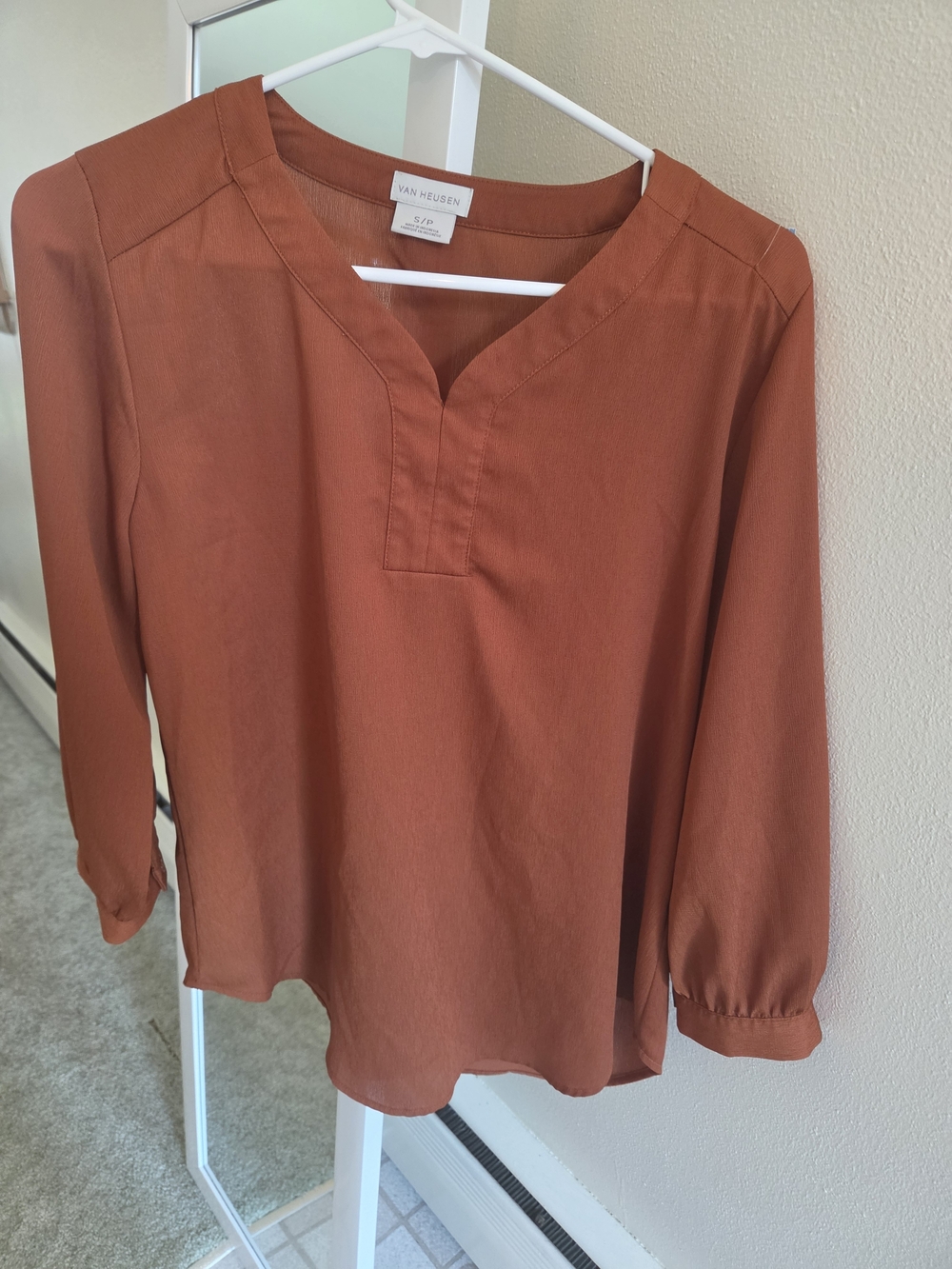 Van Heusen Women's Clay Orange Split-Neck Long Sleeve Blouse